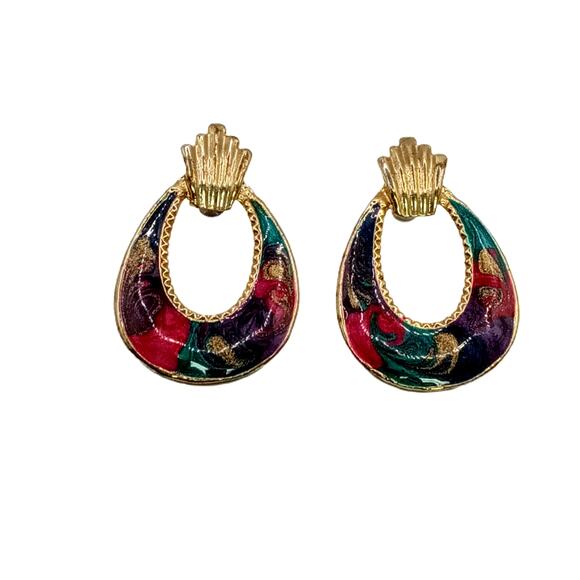 💫 Vintage Teardrop Swirl Earrings 💜 Gold Tone Multicolor Retro Hoop - Picture 4 of 12